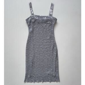 Vtg 90s Gray Daisy Patterned Lace Sleeveless Bodycon Dress / 10 Glam Formal Prom